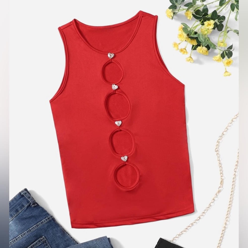 SHEIN Red/Hot Pink Heart Rhinestone Detail Cutout Tank Top Size Small